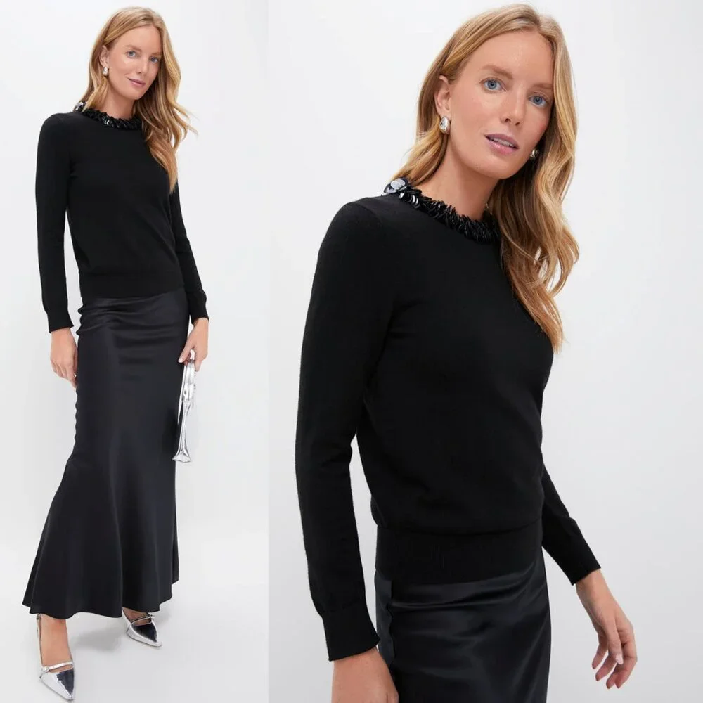 NWT Tuckernuck Black Sequin Trim Lina Sweater Crewneck Knit Top Size S - Picture 2 of 8